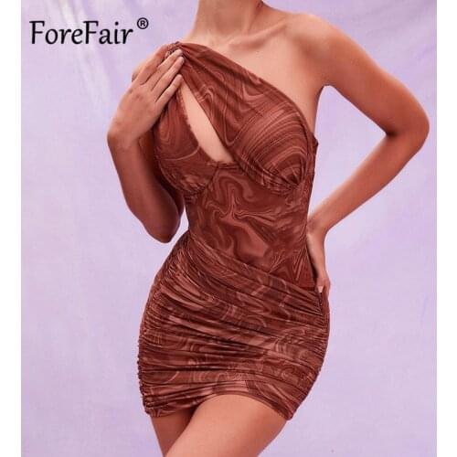 Forefair Sexy Swirl Printed Cut Out Bodycon Mini Dress Women Sleeveless Oblique Shoulder White Backless Ruched Wrap Party Dress