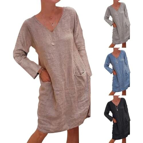 Women Casual Long Sleeve V Neck Pockets Loose Cotton Linen Knee-length Dress