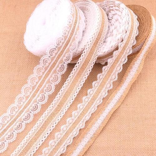 1M Natural Jute Burlap Hessian Ribbon with Different White Lace for Rustic Wrap Gift Packing Wedding DIY Handmade Decoration