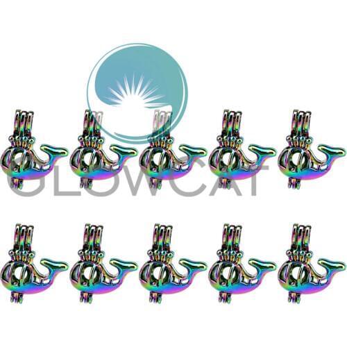 10x C915 Rainbow Cute Whale Beads Cage Locket Pendant Essential Oil Diffuser Pearl Cage Jewelry Making