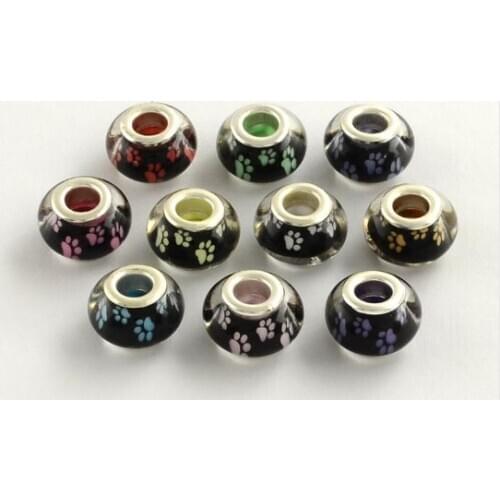 14x9mm Dog Paw Prints Pattern Acrylic European Beads Large Hole Charms Fit Bracelets & Bangles Rondelle Mixed Color 100pcs/lot