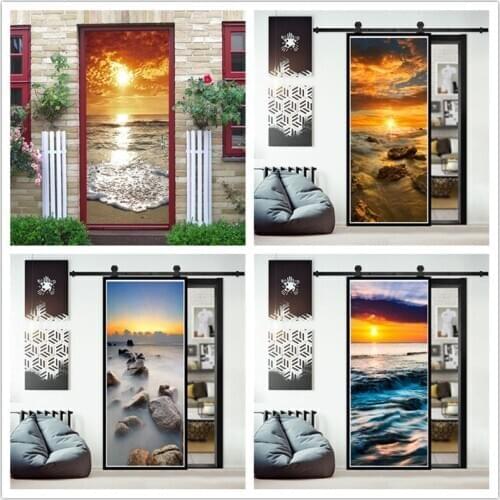 3D Waterproof Vinyl Door Stickers Removable Self Adhesive Door Decoration For Living Room Bedroom Summer Sunset deur sticker DIY