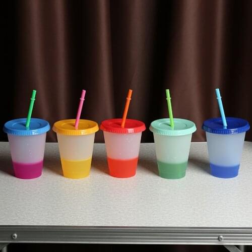 473ml Reusable Straw Cup With Lid 5Pcs Plastic Tumbler Coffee Juice Straw Mug Color Changing Cup Portable Plastic Straw Cup