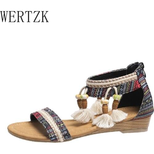 Women Bohemian Boho Sandals Ethnic Totem Fringe Tassel String Bead Ethnic Sandals Wedge HeelCasual Flat Shoes Plus Size