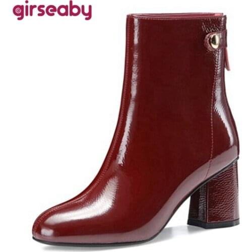 Girseaby Women Genuine Leather Square Heel Ankle Boots Round Toe Patent Leather Zip Designer Brand Big Size 42 Black Red S2310