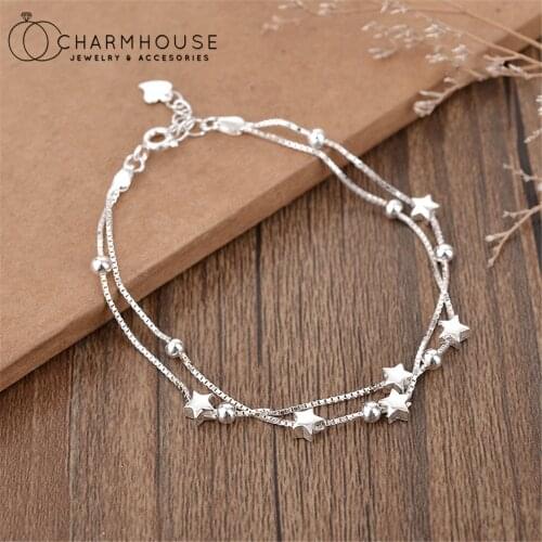Pure Silver Charm Bracelets For Women Double Layer Bead Star Chain Bracelet Pulseira Femme Wristband Wedding Jewelry Accesories
