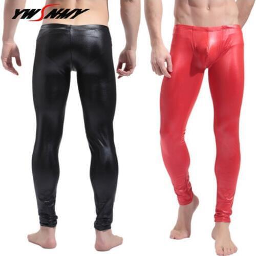 Fashion Mens Faux Patent Leather Skinny Long Johns Plus Size PU Stretch Leggings Men Sexy Gay Erotic Clubwear Bodywear Trousers