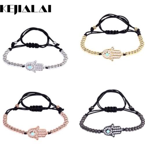 Micro Pave CZ Blue Crystal Hamsa Connector Gold Round Beads Braiding Macrame Evil Eye Bracelet Anil Arjandas unisex Bangle