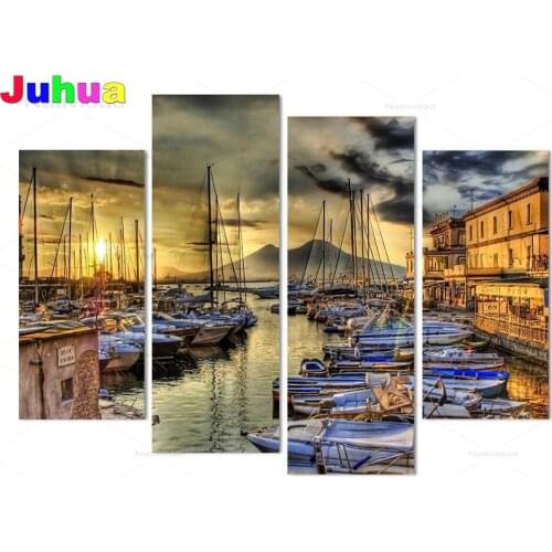 4 Panel set Naples Italy Wharf Boats 5d diy diamond painting full drill mosaic landscape diamond stitch embroidery gift home