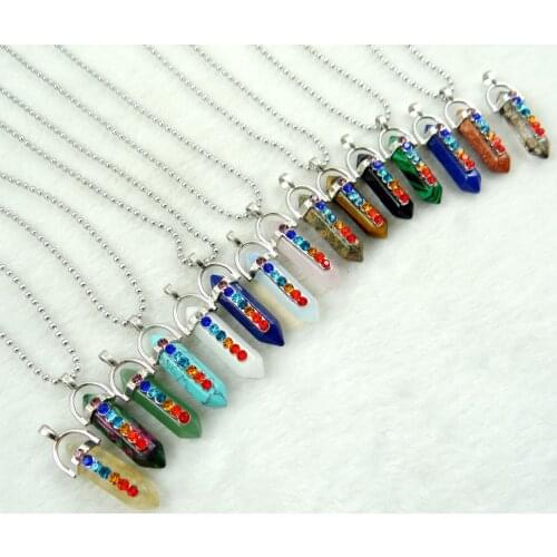 Natural stone lapis Quartz crystal Opal mix pillar Hexagonal column with drill Pendant Steel ball chain Necklace women Jewelry