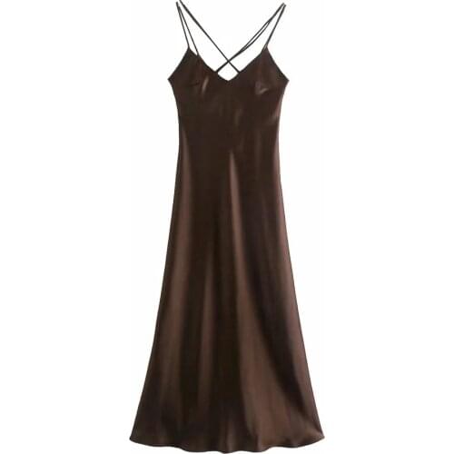 Za New Underwear Dress Fashion Solid Silk Satin Texture Slim MIDI Dress Sexy Off Shoulder Suspender Dress