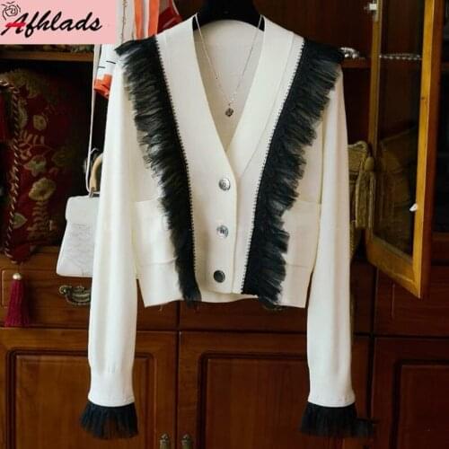 Pleated Mesh Lace Stitching Single-Breasted V-Neck Knitted Cardigan Outerwear Long Sleeved Loose Womens Clothing Jacket