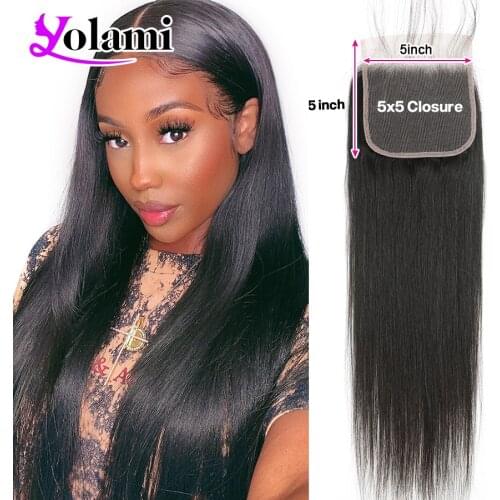 Yolami 5X5 HD Transparent Lace Closure Remy Human Hair 150% Density Brazilian Straight Hair 5X5 Lace Closure Free Part