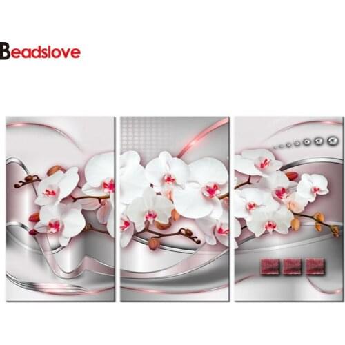 Pink Orchids diamond painting 3 Pieces 5d diy round diamond embroidery painting rhinestone painting full square mosaic home art