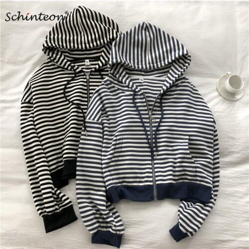 Schinteon New Striped Short Jacket Cardigan Casual Sweatshirt Sport Top with Hood Over Size Pockets Autumn Outwear