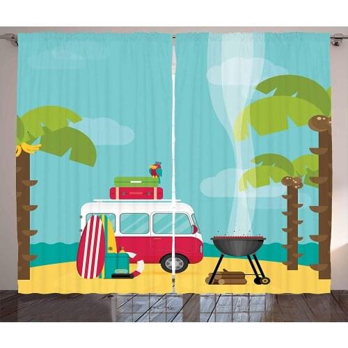 Explore Curtains Caravan Camping Surf Boards Tropical Beach Banana Coconut Trees Living Room Bedroom Window Home Decor