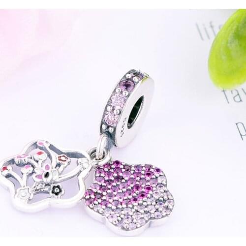 925 Sterling Silver Pink Zircon Color Crystal Flower Bead Fit Original Pan Charm Bracelet Making Reflexion Jewelry Berloque