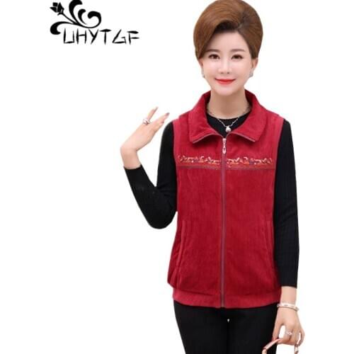 UHYTGF Corduroy spring autumn vest women fashion sleeveless casual short vests female zipper loose 5XL plus size waistcoat 588