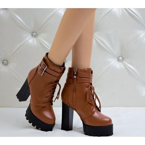 Women shoes high heel ankle boots straps and zippers, high waterproof platform black white brown