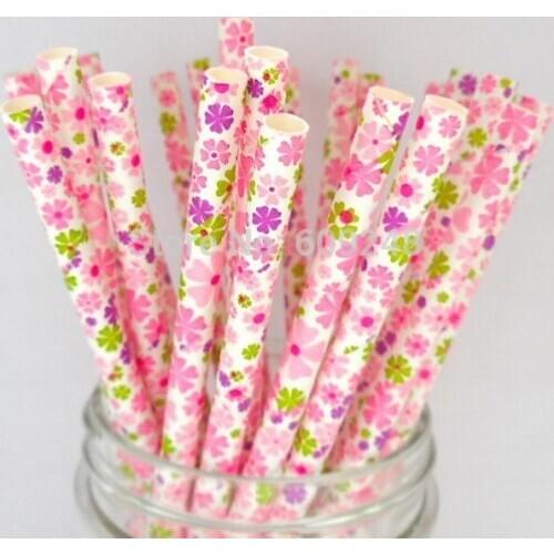 100pcs Colorful Floral Paper Straws for Garden Wedding,Retro Pink Green Purple Flower Party Birthday,Baby Shower,Celebrations