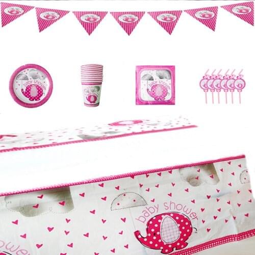52Pcs Pink Elephant Gender Reveal Party Decorations Disposable Tableware Girl Baby Shower Birthday Party Decor Paper Plates Cups