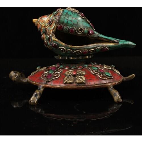 8"Tibet Buddhism Old Bronze Gem Painted outline in gold river snail Dharma Turtle base Dharma Town House Ward off evil spirits