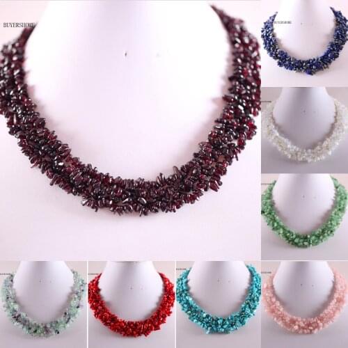 Jewelry 4-8MM Chip Beads Nylon Line Weave Natural Stone Red Croral White Opal Howlite Pink Quartz Crystal Necklace 18" 1Pcs