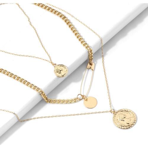 New Trendy Punk Gold Long Coin Pendant Necklace Statement Safety Pin Link Chain Metal Necklace Women Wedding Jewelry Choker