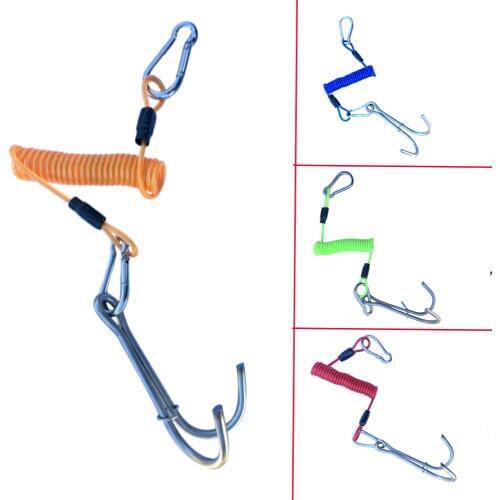 Stainless Steel Scuba Diving Double Reef Drift Hook 1.8M Spiral Coil Strap Cord SS Current Hook