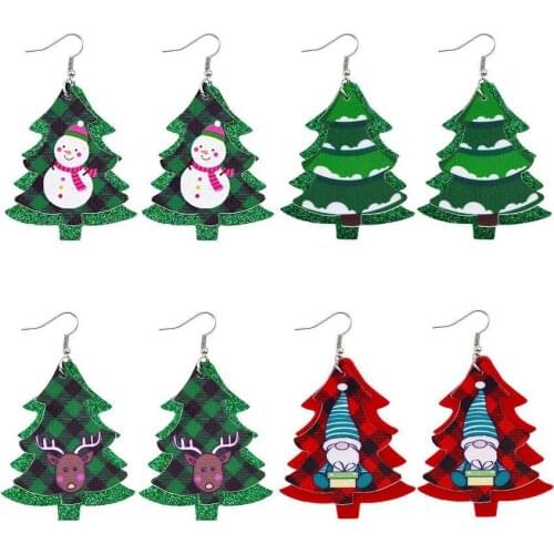 Double Layer PU Leather Glitter Christmas Trees Drop Earrings for Women Trendy Merry Christmas Theme Snowman Print Jewelry Gifts