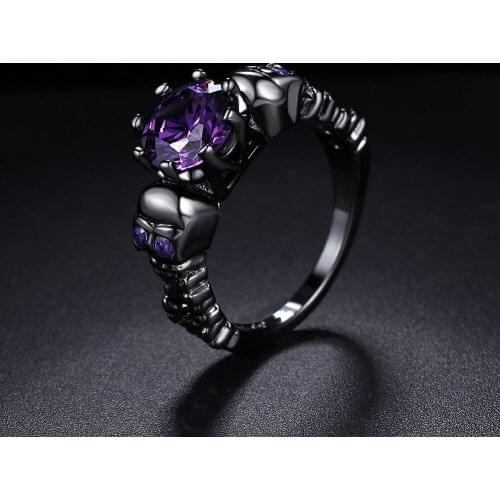 Retro Black Gold Women Ring Amethyst Gemstone Skull Shape Halloween Jewelry Accessories Punk Style Hip Hop Silver Finger Rings