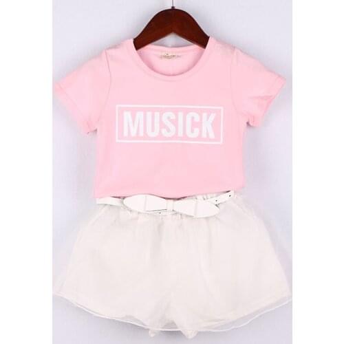 Girls Clothes Set Short Sleeve Pink Letter Shirt And White Organza Shorts With Bow Belt Unique Fashion Kids Girls Sets