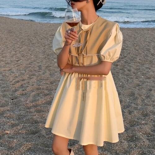Summer Womens Puff Sleeve Solid Dress Vintage Elegent Sailor Collar Midi Dress High Waist A-line Korean Fairy Vestidos