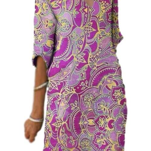 Summer Womens V-Neck Half Sleeved Dress Multicolor Vintage Printed Dresses 2021 Casual Loose Mid-length Female Vestido De Mujer