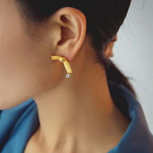 Lifefontier Vintage Gold Color Metal Ribbon Bow Drop Earrings Zircon Pendant Dangle Earrings for Women Korean Fashion Jewelry