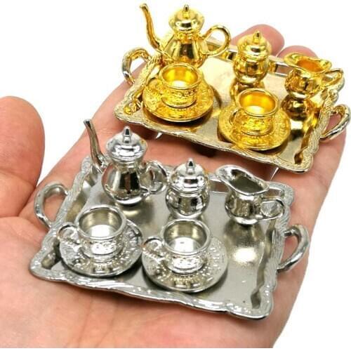 5/10Pcs/set Doll House Miniature Metal Tea Doll House Furniture Miniature Dining Ware Toy Teapot Cup Plate