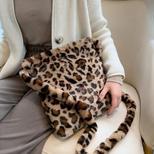 Fashion Leopard Plush Shopping Bag Women Vintage Tote Bag Large Capacity Shoulder Messenger Bags Fluffy Plush Ladies Handbags