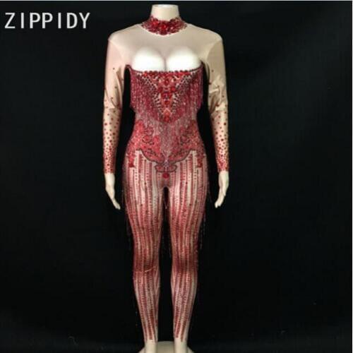 Fashion Bright Red Rhinestones Tassel Spandex Jumpsuit Women Dance Birthday Celebrate Bar Big Stretch Singer Costume Outfit