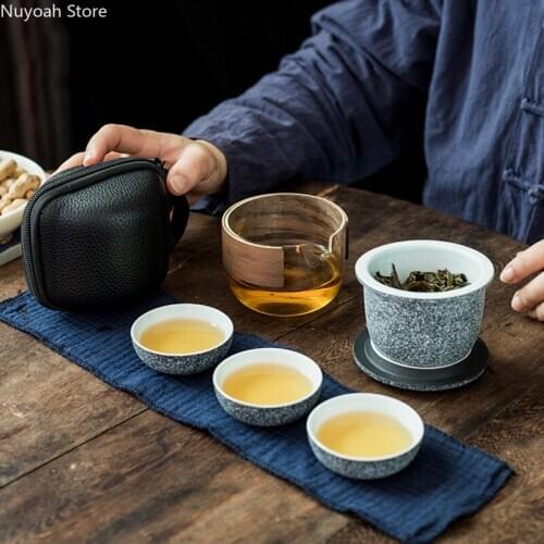 One Pot and Three Cups of Portable Ceramic Travel Tea Set One-piece Storage Outdoor Teapot Anti-scalding Glass/outdoor Teapot