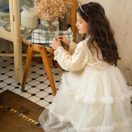 Beige Party Dress 10 12 years Kids Girl 2021 New Long Sleeve Princess Dresses