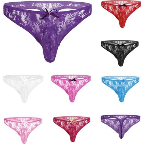 Mens Lingerie See-through Breathable Bikini Low Waist Briefs T-back Floral Lace Bow Underwear Sissy мужское нижнее белье 03