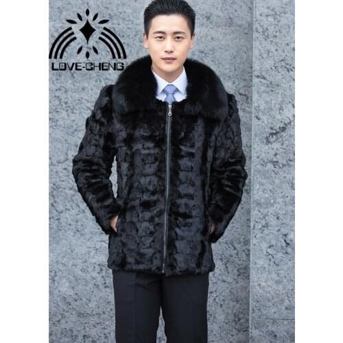 New fashion real genuine natural mink fur coat with fox fur collar men jacket outwear overcoat custom any size