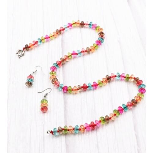 New Multicolor Crystal Necklace Earrings Set Tourmaline Stone Pendants Necklace Chain Dangles Fashion Jewelry Sets Gift 18" A994