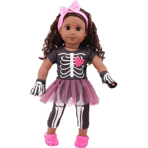 New Pattern Halloween Skeleton Yarn Skirt Four Piece Set Fits 18 Inch American&43cm Baby New Born Doll Clothes Accessories