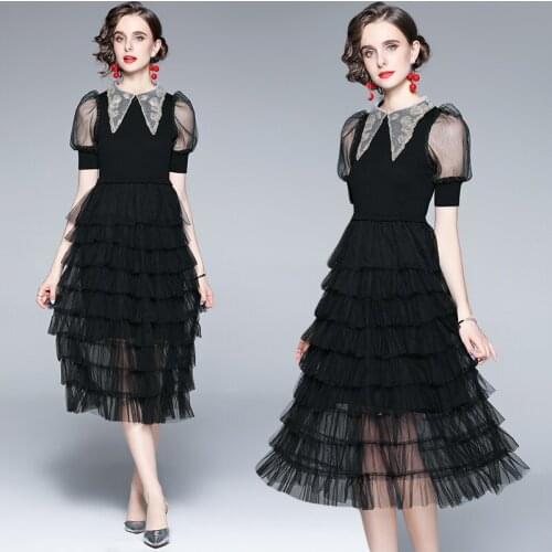 WTIANYUW 2021 New Mesh Dress Women Spring Summer Lantern Sleeve A Line Patchwork Midi Elegant Ladies Dresses Robe Femme Vestidos