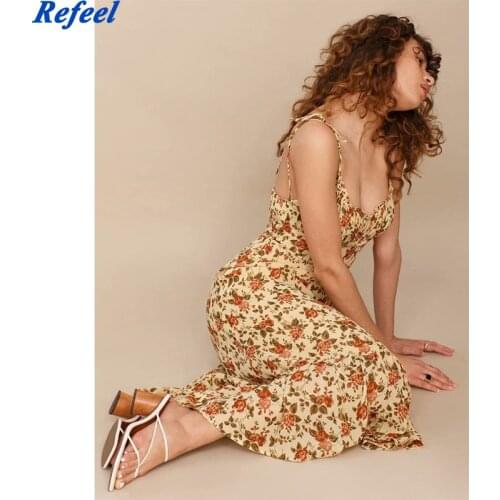 Spring summer women dress floral print spaghetti straps v neck backless sexy beach boho long dress with ruffles mujer