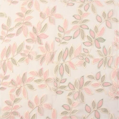 Polyester Flat Embroidery Lace Fabric Tull Mesh Pink Leaves DIY Lady Dress Sewing Material