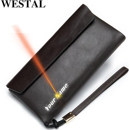 WESTAL mens genuine leather wallet/purse for men clutch male wallets long Leather zipper wallet men casual phone money bag 8805