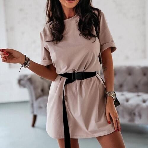 Casual Solid Womens Dress With Belt Leisure White Dresses Summer 2021 T Shirt Dress Women White Short Dress Vestidos Clothes