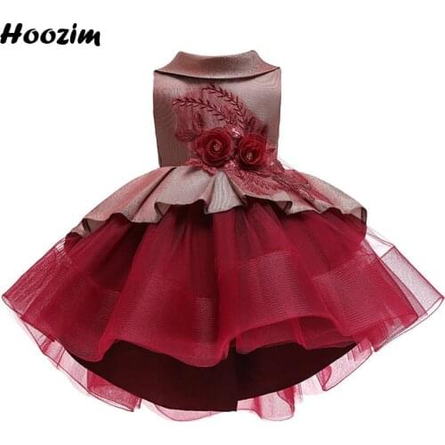 Burgundy Embroidery Turn Down Collar Festive And Wedding Dress Girls 2 To 9 Year Applique Backless Prom And Evening Dresses Kids